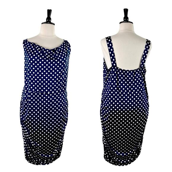 Star Vixen Dress Drape Neck Ruched Bodycon Blue White Polka Dot Women’s Plus 2X - Picture 12 of 12